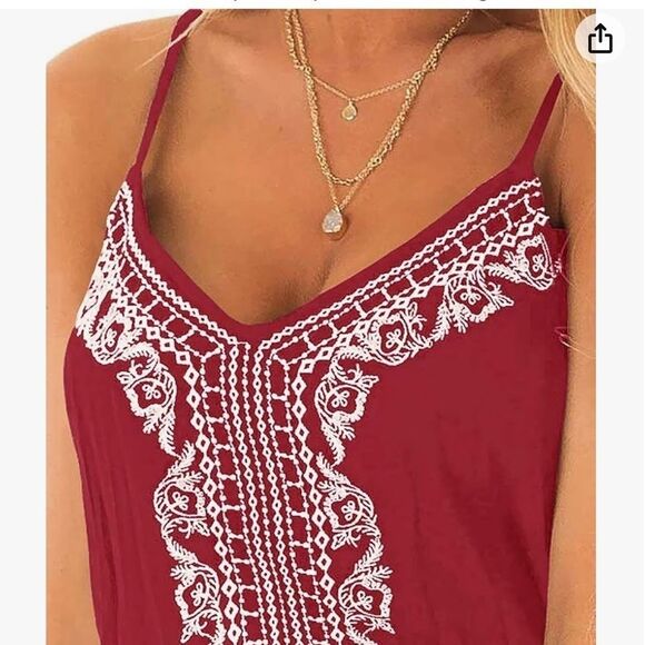 Woman’s Loose V Neck Spaghetti Strap Embroidered Short Rompers Jumpsuit - Picture 4 of 5